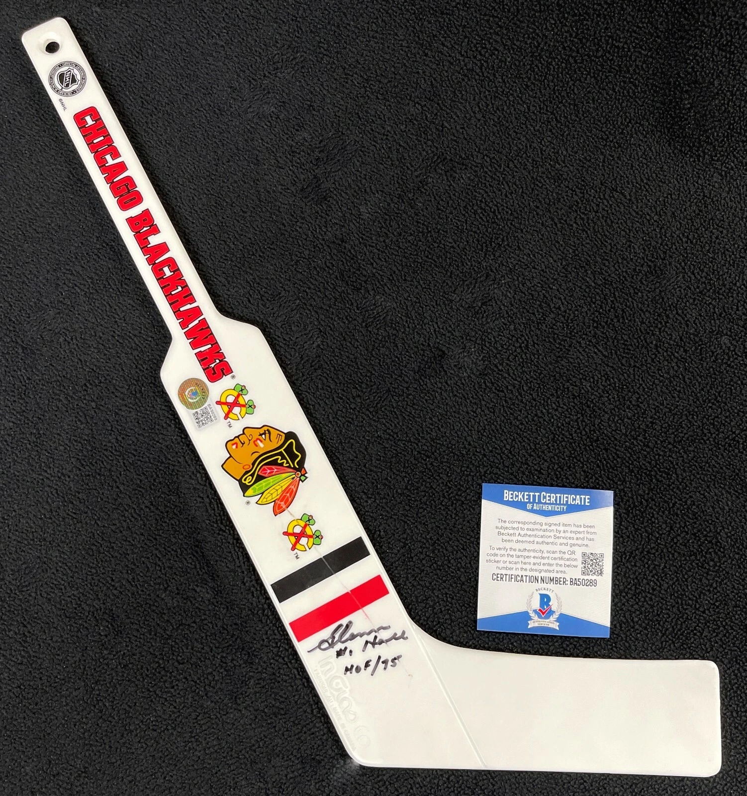 Glenn Hall Signed Chicago Blackhawks Plastic Mini Goalie Stick Beckett COA
