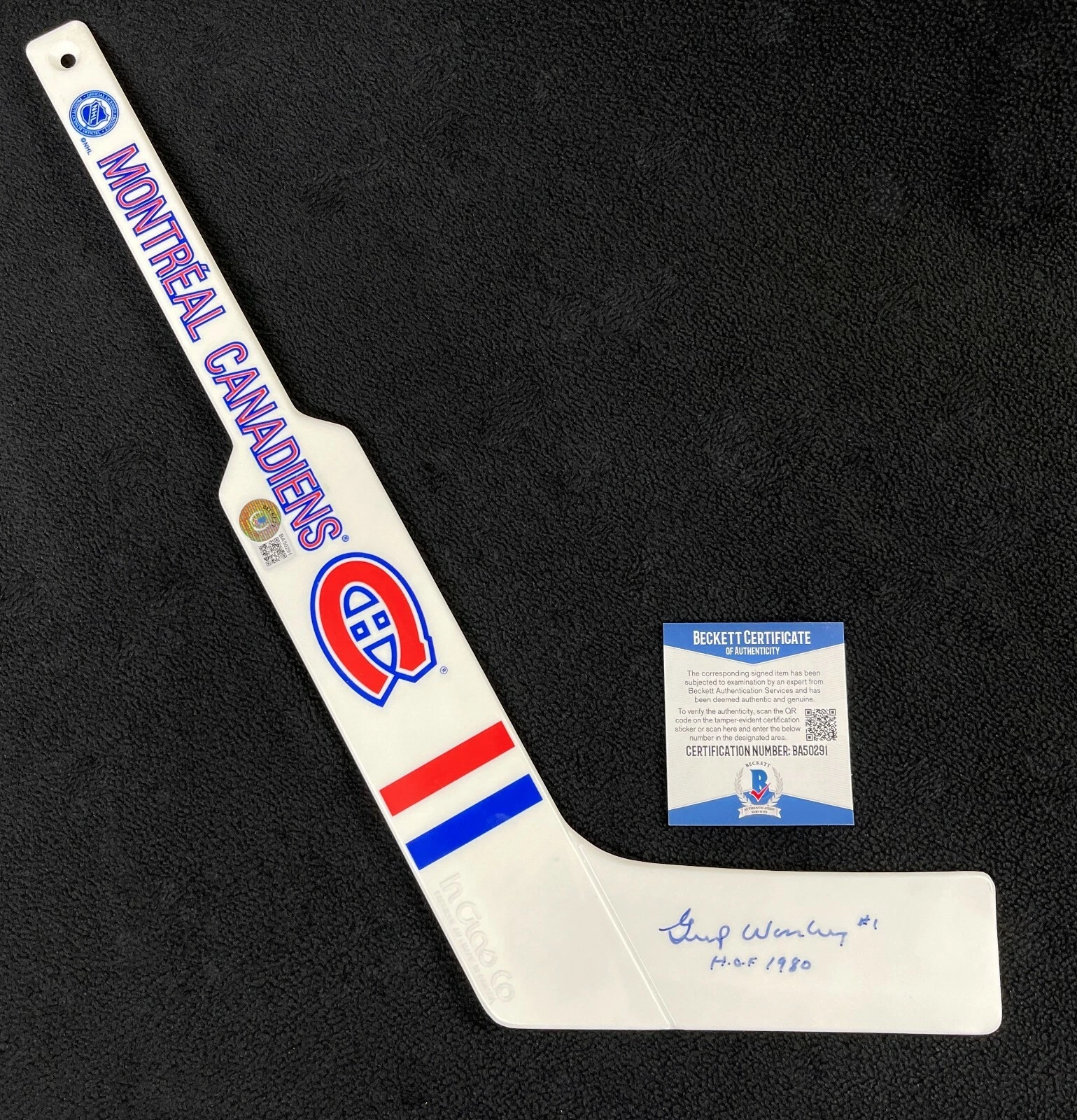Gump Worsley Signed Montreal Canadiens Plastic Mini Goalie Stick Beckett COA
