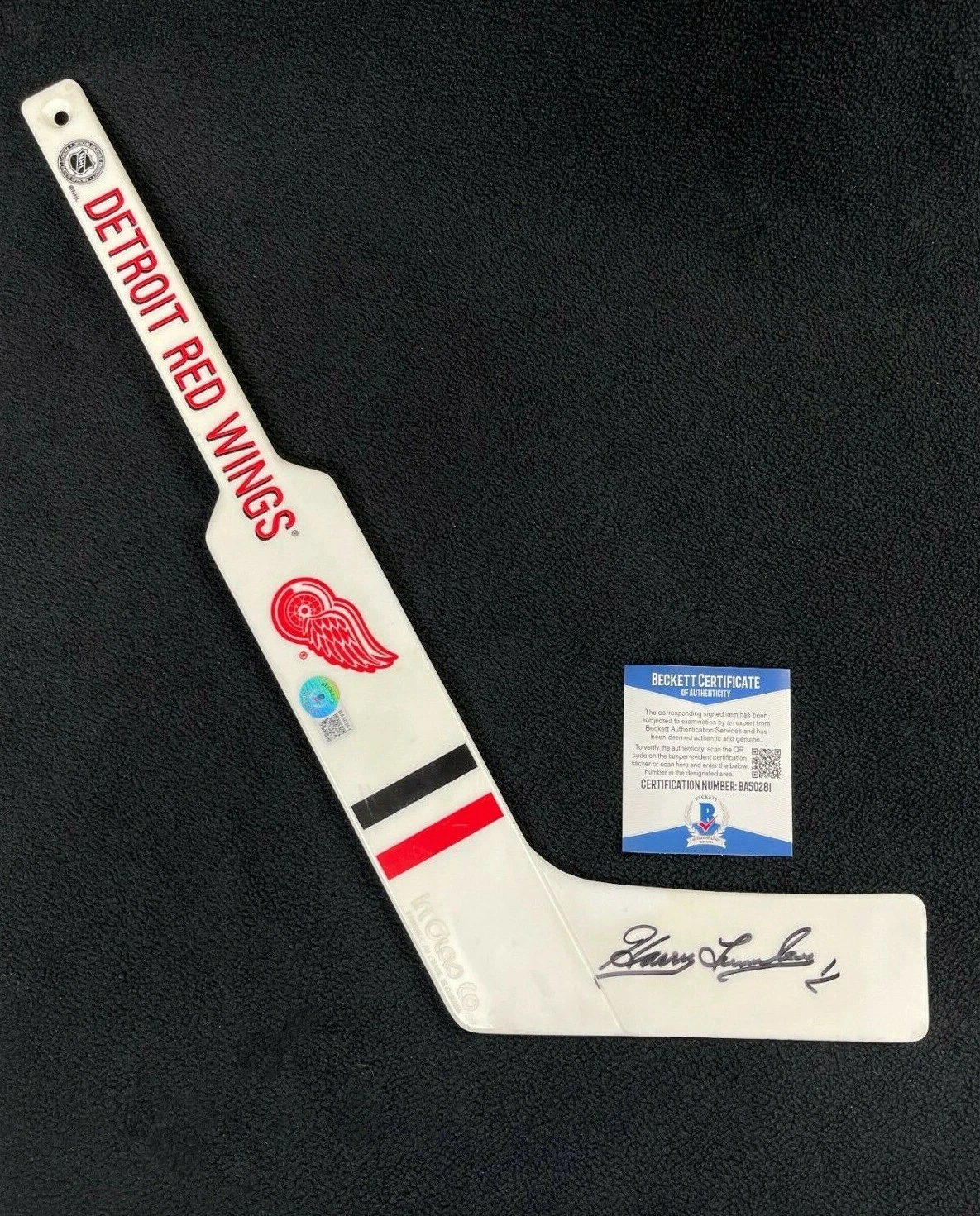 Harry Lumley Signed Detroit Red Wings Plastic Mini Goalie Stick Beckett COA
