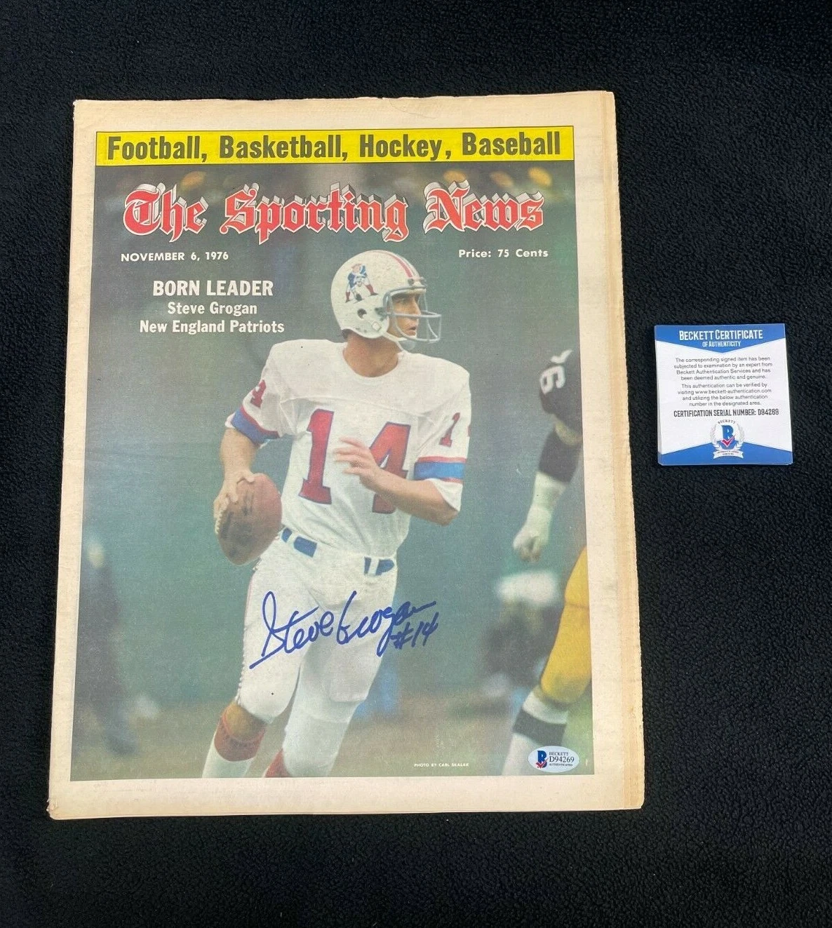 Steve Grogan Signed New England Patriots Sporting News Magazine Beckett COA
