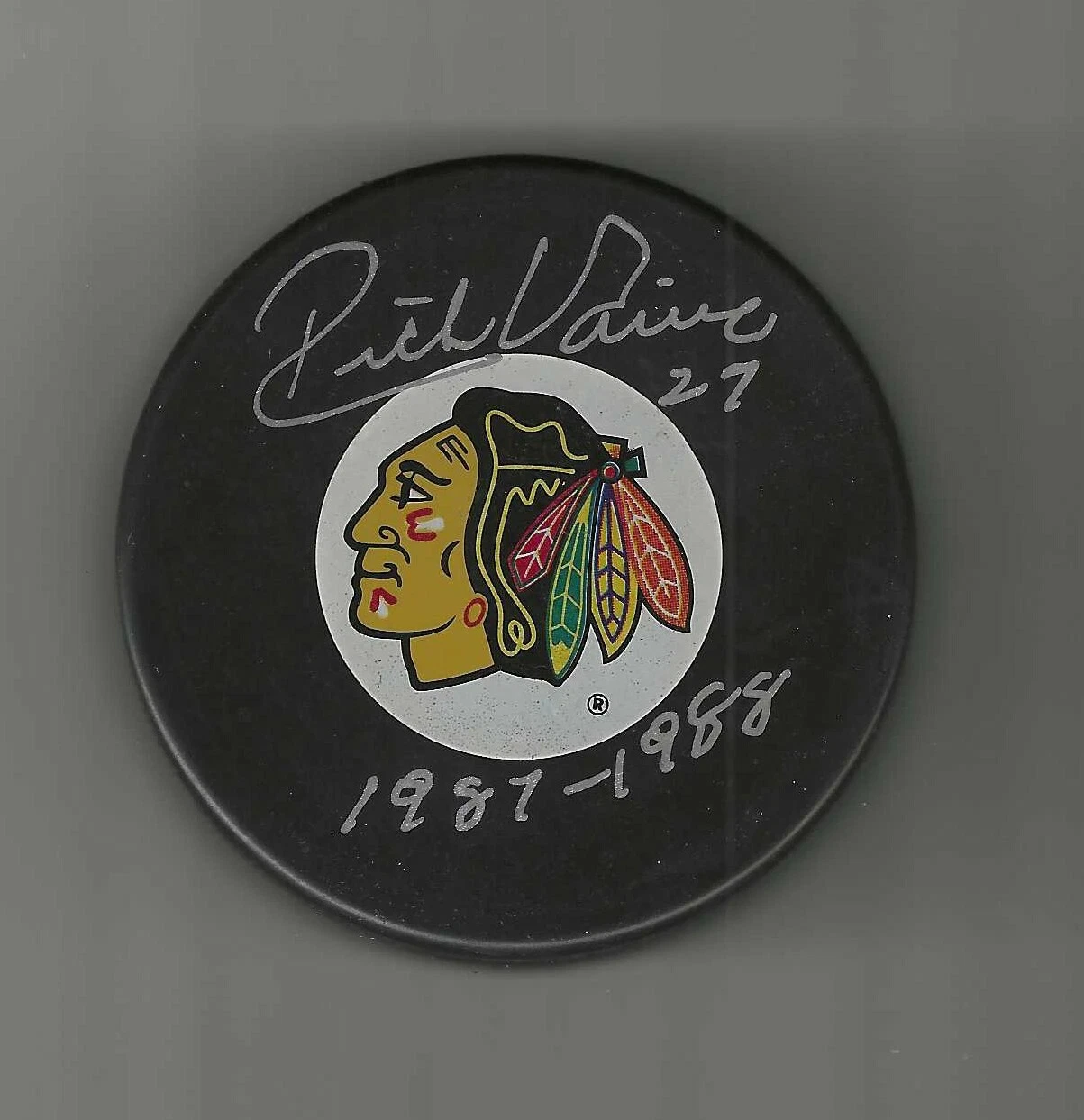 Rick Vaive Signed & Inscribed Chicago Blackhawks Large Logo Puck
