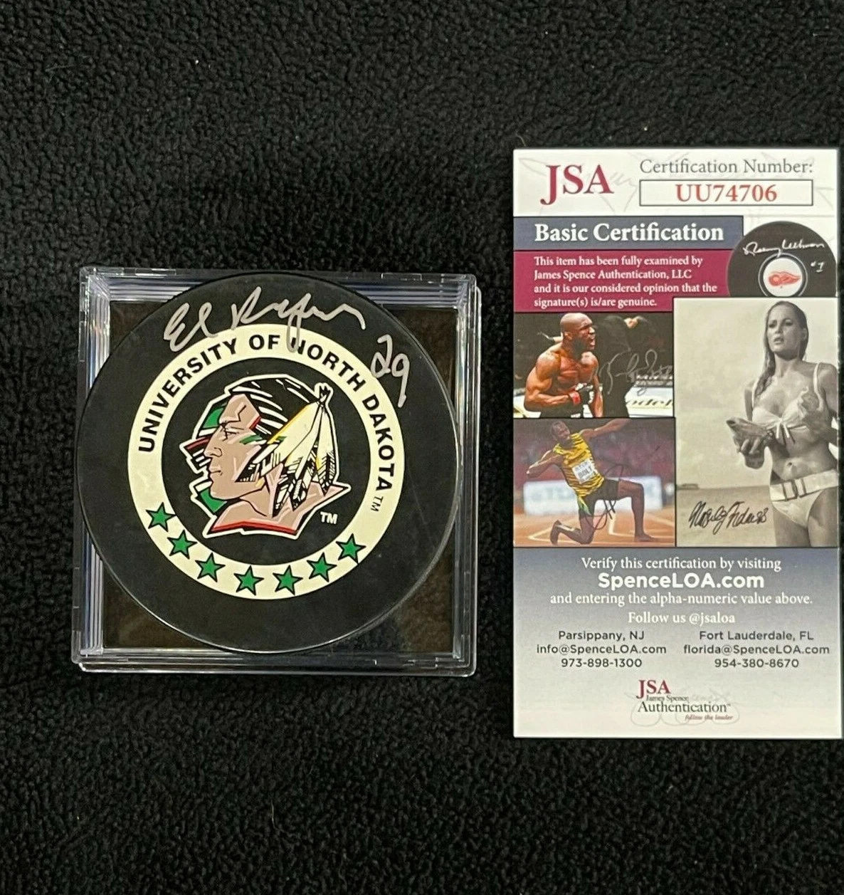 Ed Belfour Signed North Dakota Fighting Sioux Game Puck JSA COA Blackhawks
