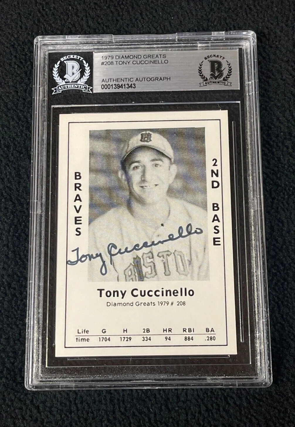 Tony Cuccinello Signed 1979 Diamond Greats Card #208 Boston Braves BAS Certified
