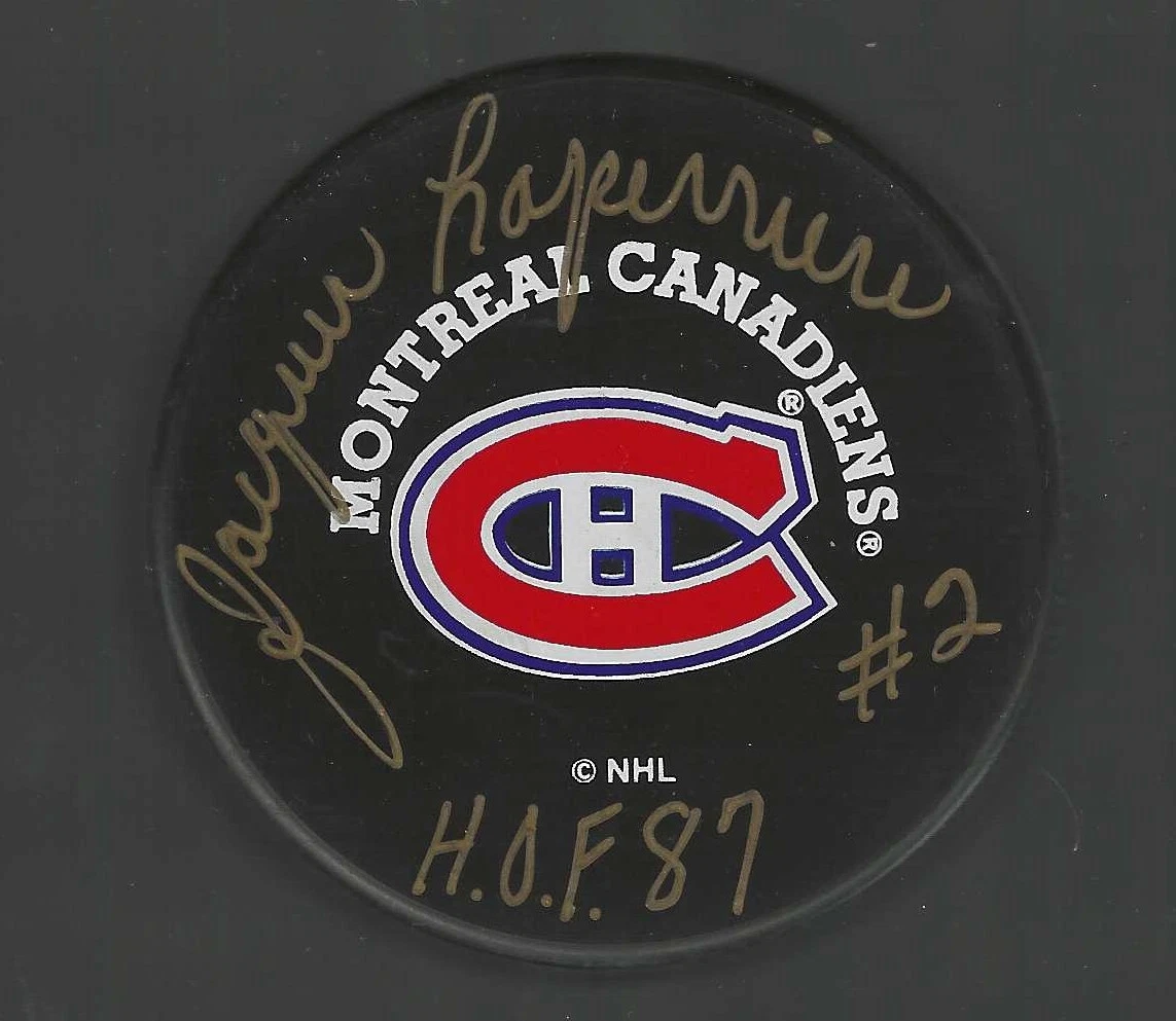 Jacques Laperriere Signed & Inscribed Montreal Canadiens Trench Puck
