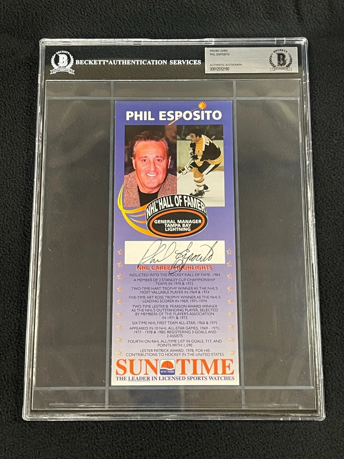 Phil Esposito Signed Sun Time Watches Promo Card Beckett Certified Bruins
