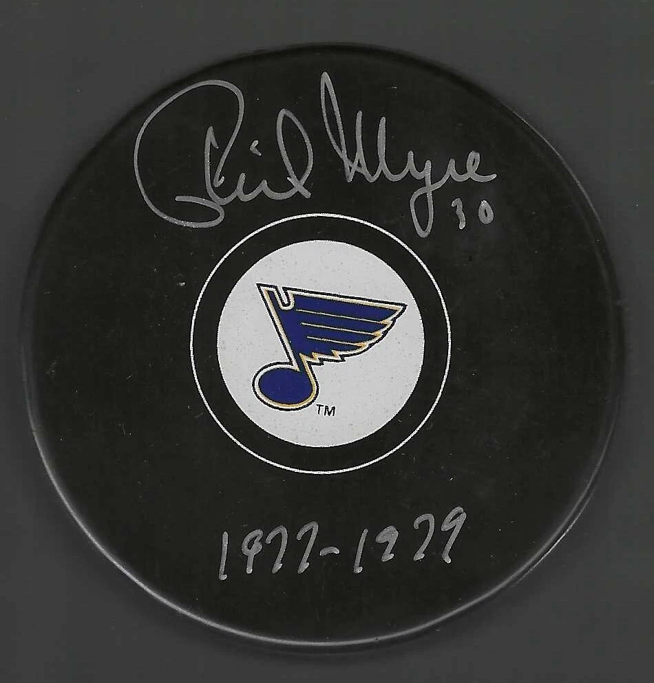 Phil Myre Signed & Inscribed St. Louis Blues Puck
