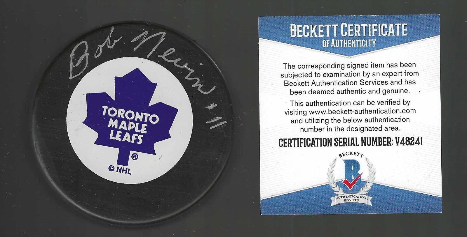 Bob Nevin Signed Toronto Maple Leafs Trench Puck Beckett COA
