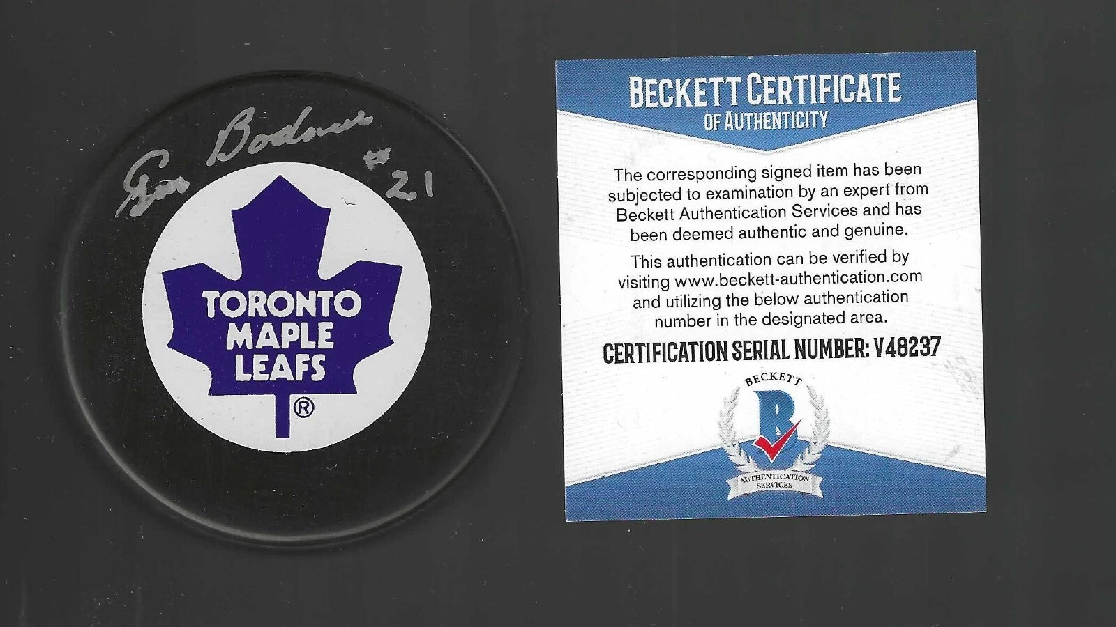 Gus Bodnar Signed Toronto Maple Leafs Trench Puck Beckett COA
