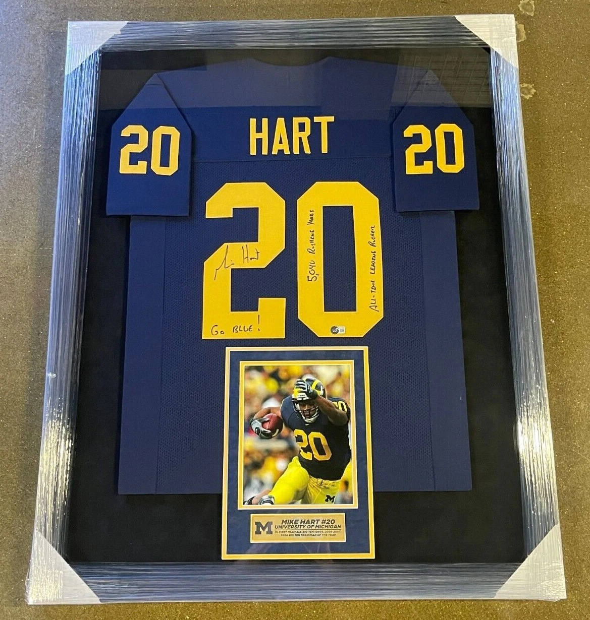 Mike Hart Signed & Inscribed Framed Michigan Wolverines Football Jersey JSA COA
