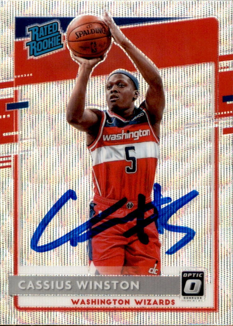 Cassius Winston Signed 2020/21 Optic Prizm Silver Pulsar Card #198 Wizards
