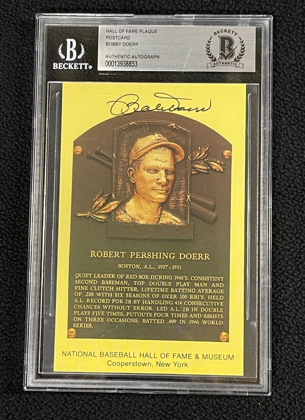 Bob Doerr Signed Yellow Hall Of Fame Plaque Card Beckett Certified HOF
