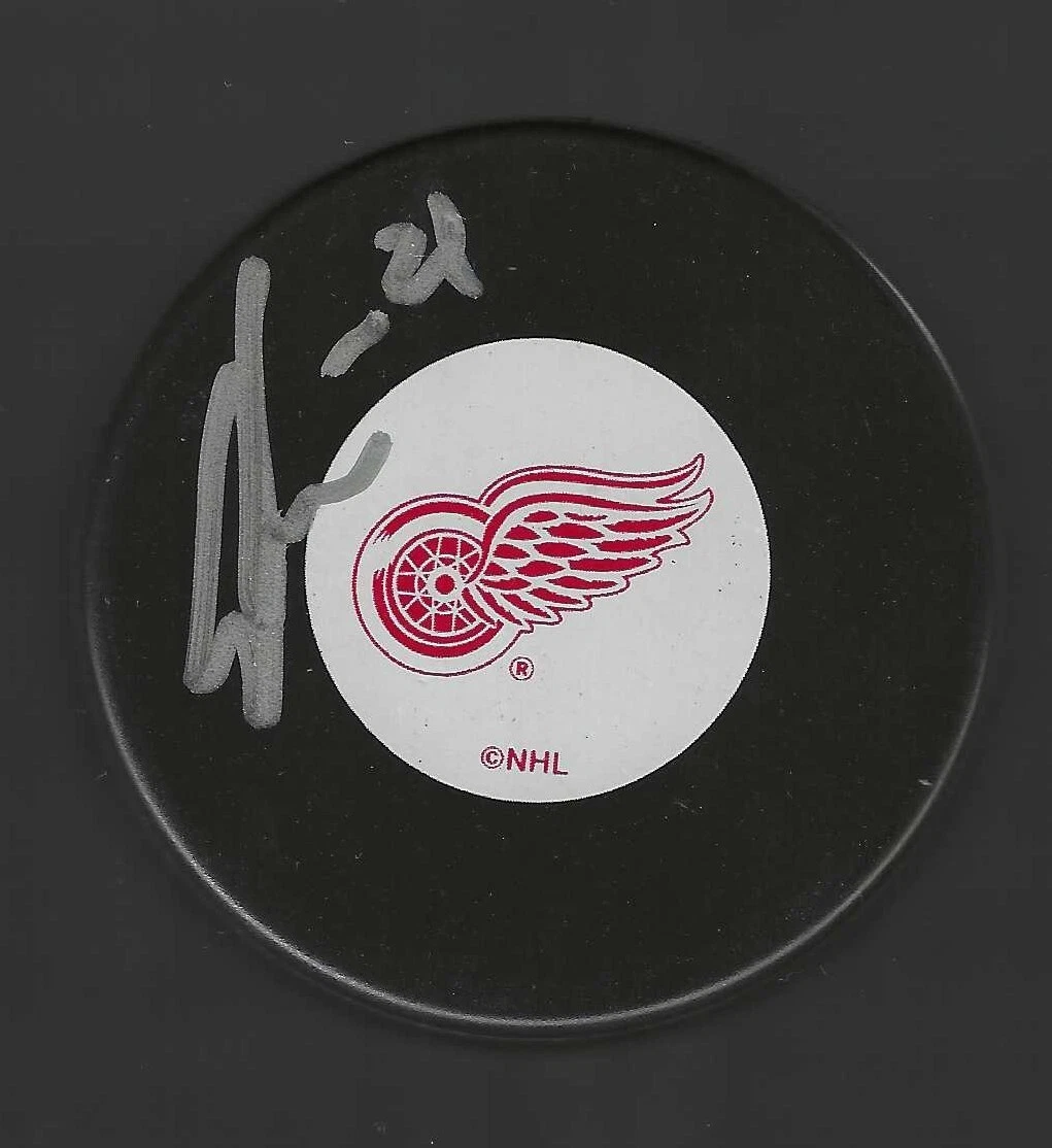 Gustav Lindstrom Signed Detroit Red Wings Vintage Logo Puck
