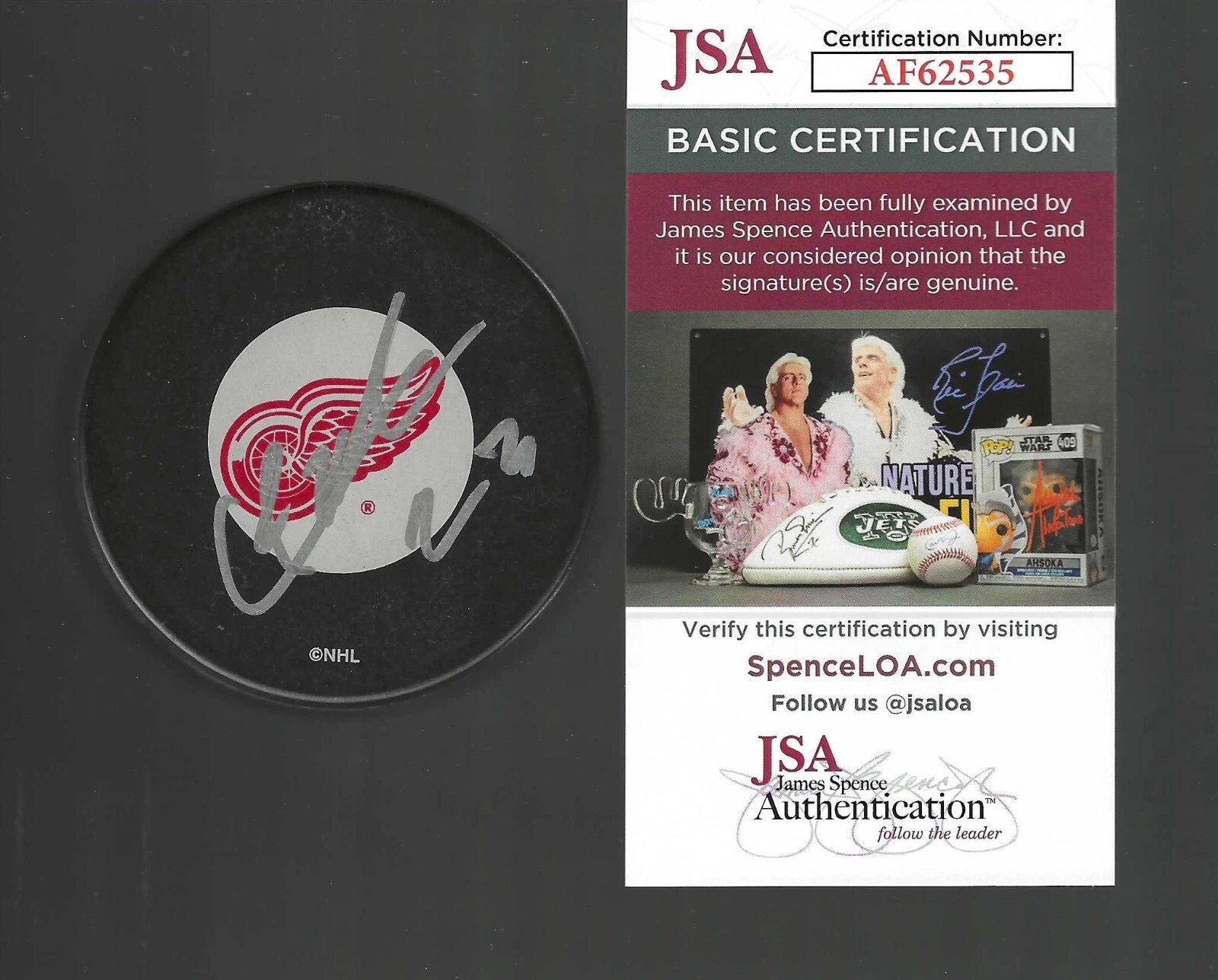 Lucas Raymond Signed Detroit Red Wings Large Logo Puck JSA COA
