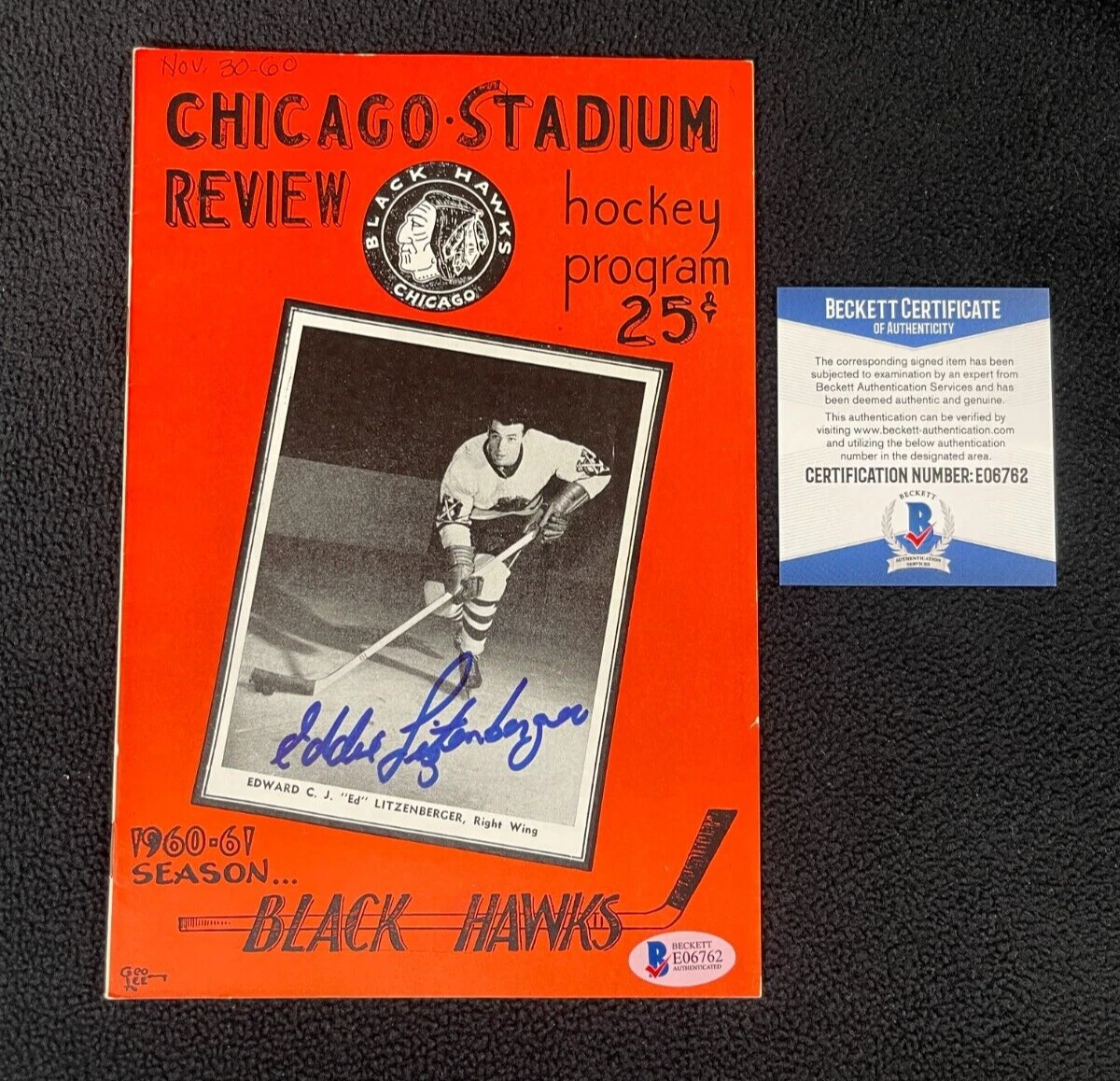 Eddie Litzenberger Signed Chicago Blackhawks Stadium 1960 Program Beckett COA
