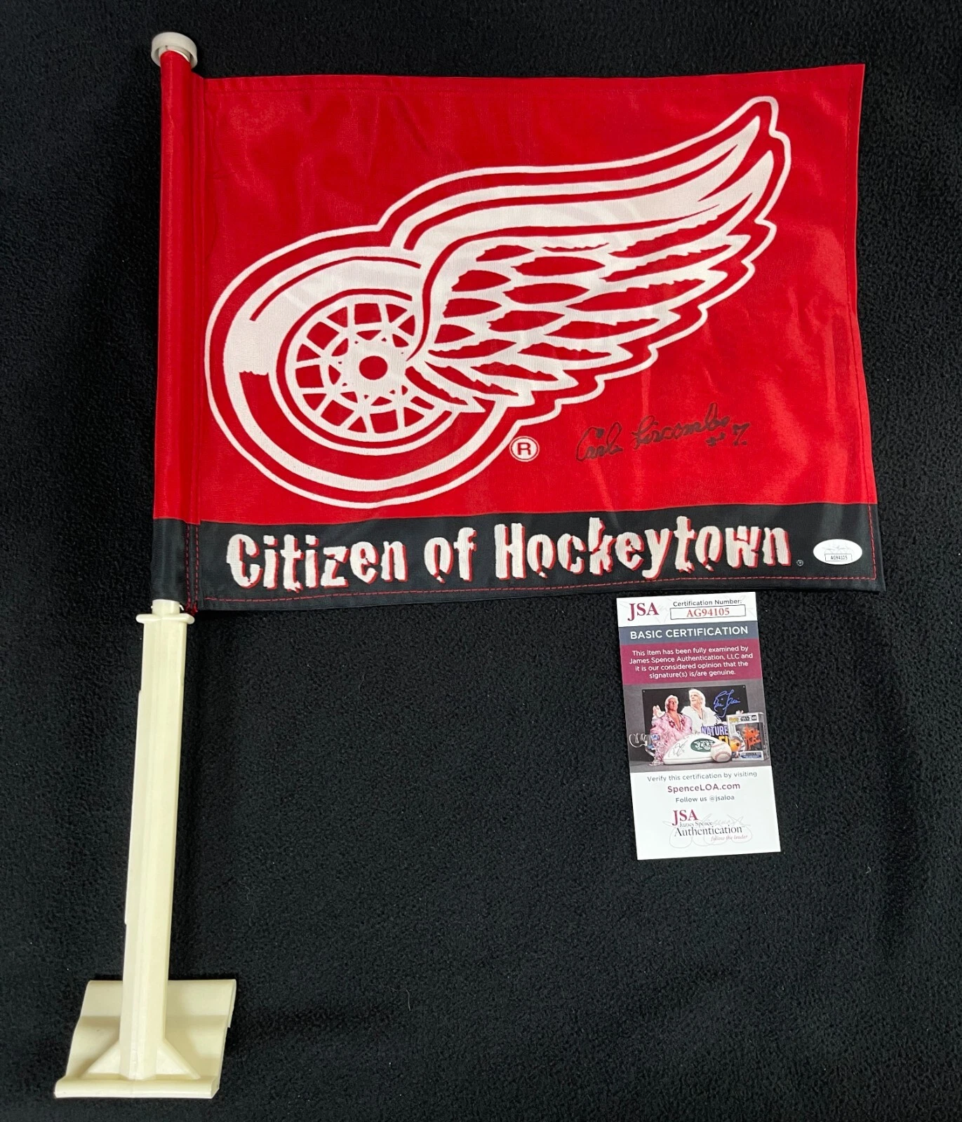 Carl Liscombe Signed Detroit Red Wings Car Flag JSA COA
