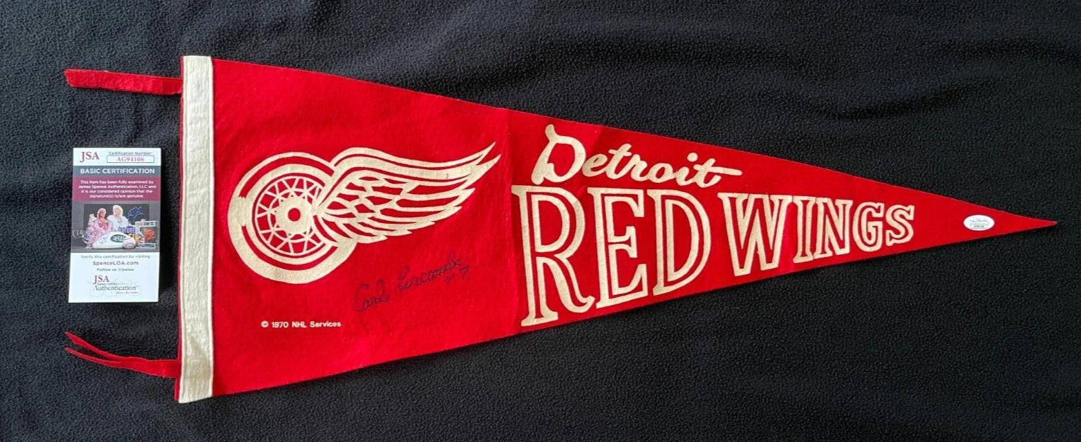 Carl Liscombe Signed Detroit Red Wings Vintage Pennant JSA COA
