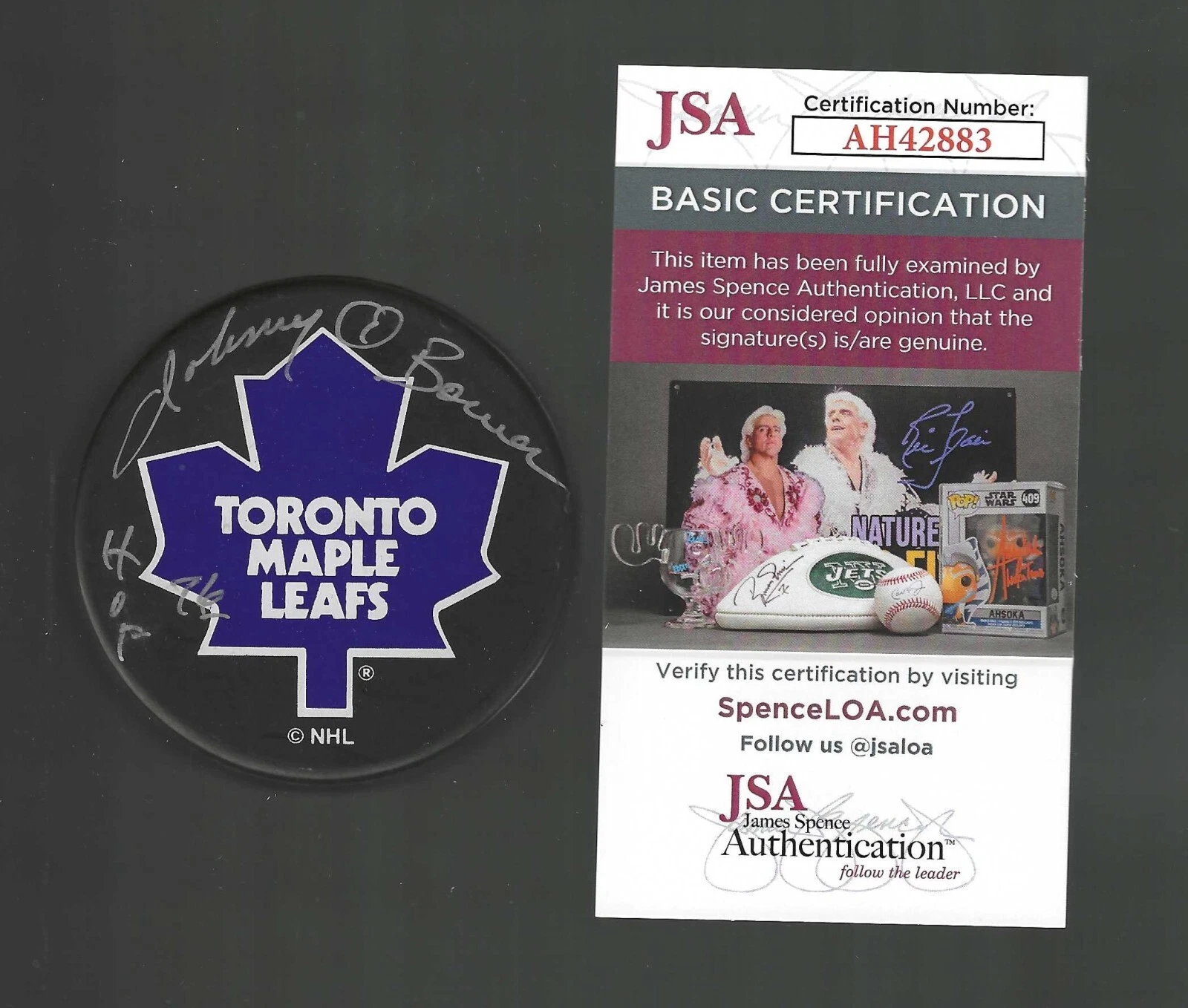 Johnny Bower Signed & Inscribed Toronto Maple Leafs Ravens Athletic Puck JSA COA
