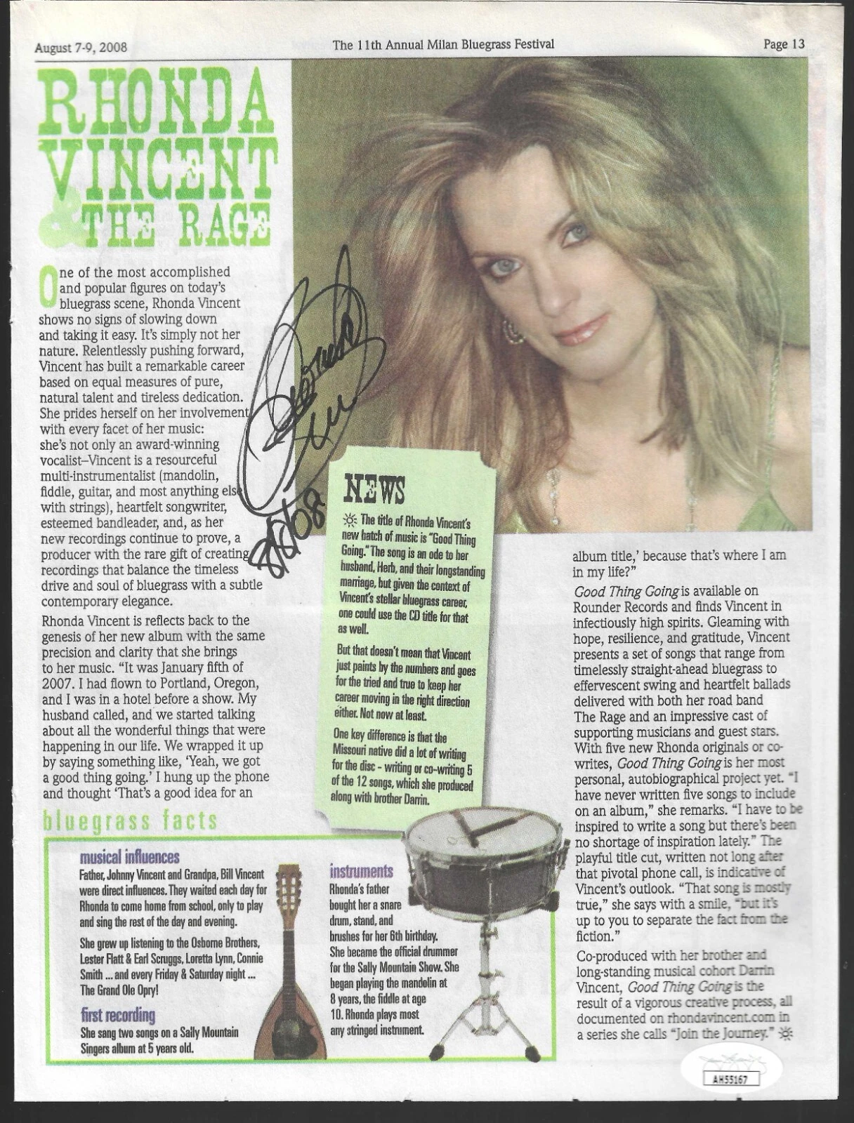 Rhonda Vincent Signed Bluegrass Festival Concert Program Page JSA COA
