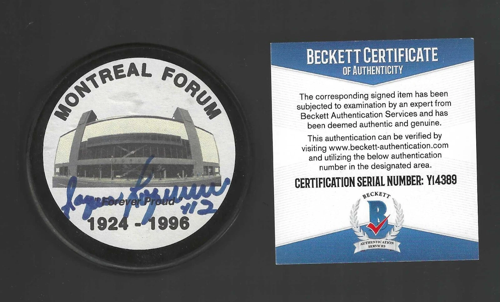 Jacques Laperriere Signed Montreal Canadiens Montreal Forum Puck Beckett COA
