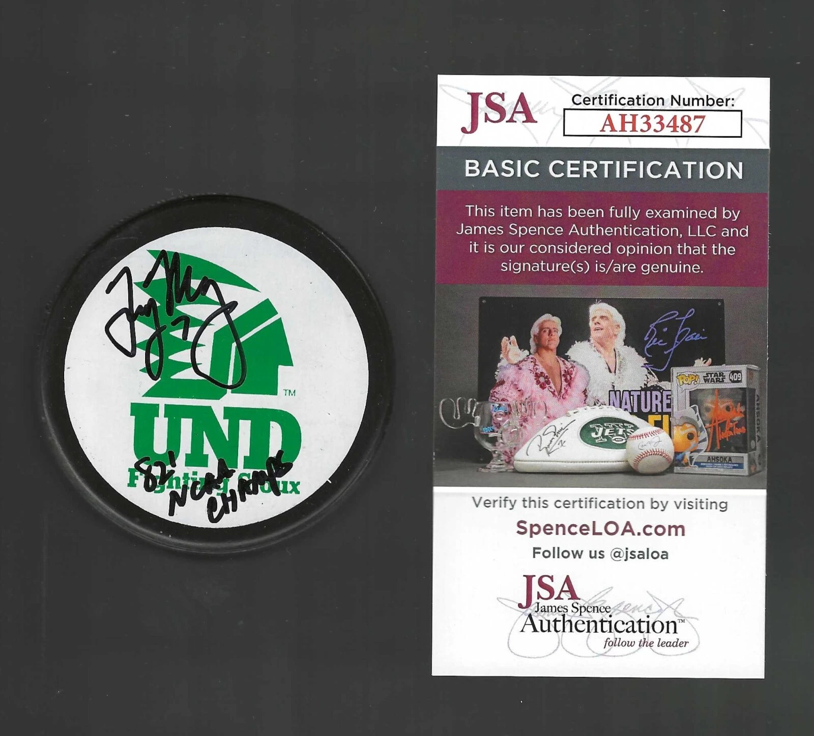 Troy Murray Signed & Inscribed North Dakota Fighting Sioux Puck JSA COA
