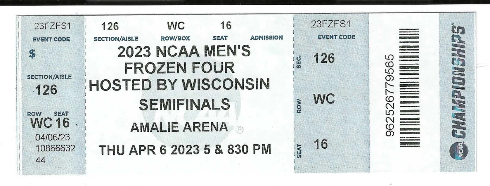 2023 NCAA MEN’S HOCKEY FROZEN FOUR TAMPA SEMIFINALS TICKET QUINNIPIAC ADVANCES COLLECTIBLE MEMORABILIA