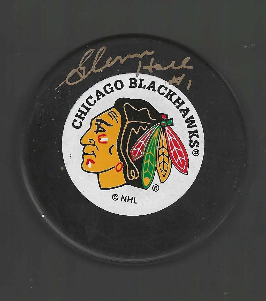 Glenn Hall Signed Chicago Blackhawks Trench Puck Beckett COA
