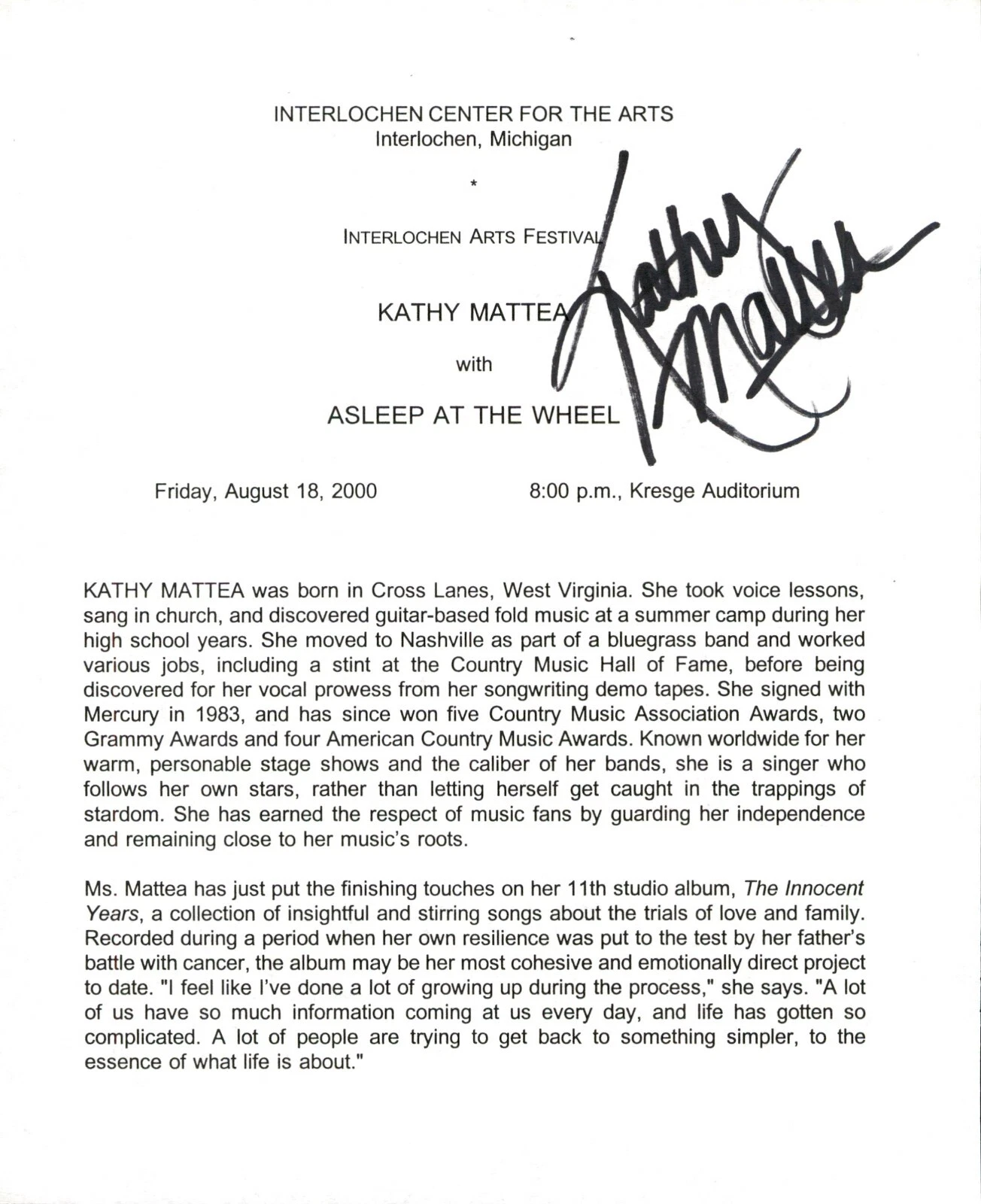 Kathy Mattea Signed 2000 Country Music Concert Flyer
