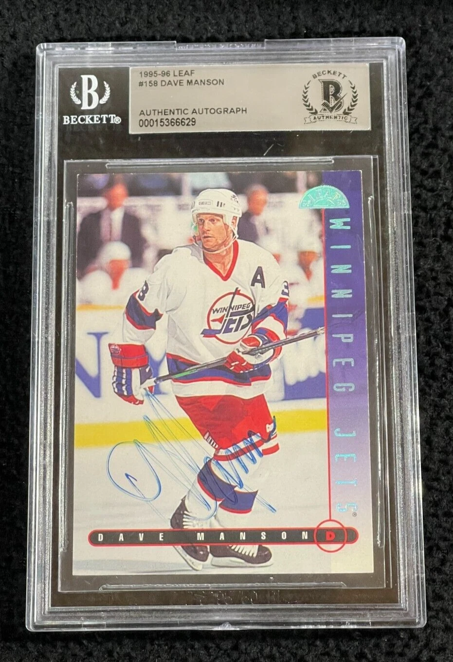 Dave Manson Signed 1995/96 Leaf Card #158 Beckett Certified Winnipeg Jets
