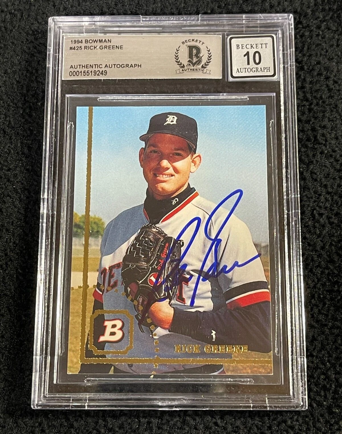 Rick Greene Signed 1994 Bowman Card #142 BAS Certified Tigers Auto Grade 10
