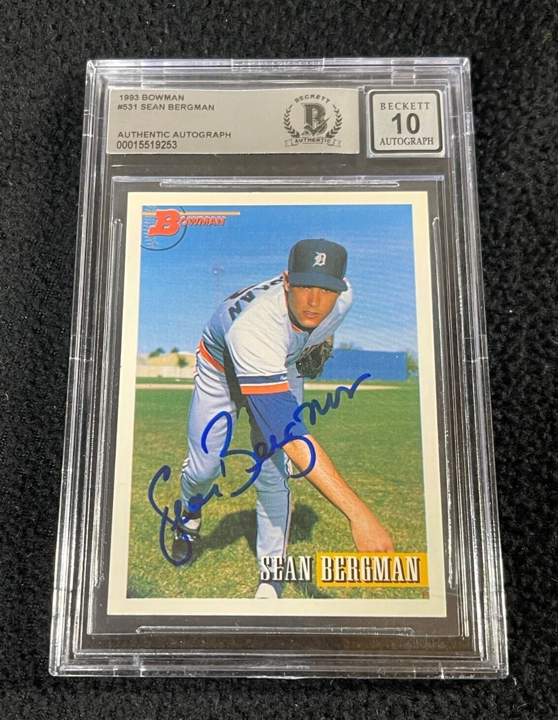 Sean Bergman Signed 1993 Bowman Card #531 BAS Certified Tigers Auto Grade 10

