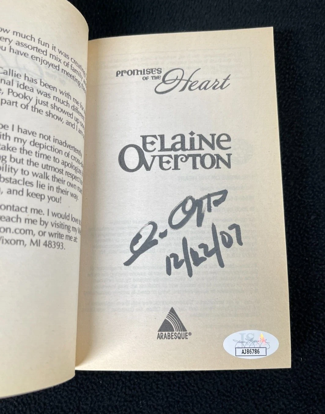 Elaine Overton Signed Promises Of The Heart Book JSA COA
