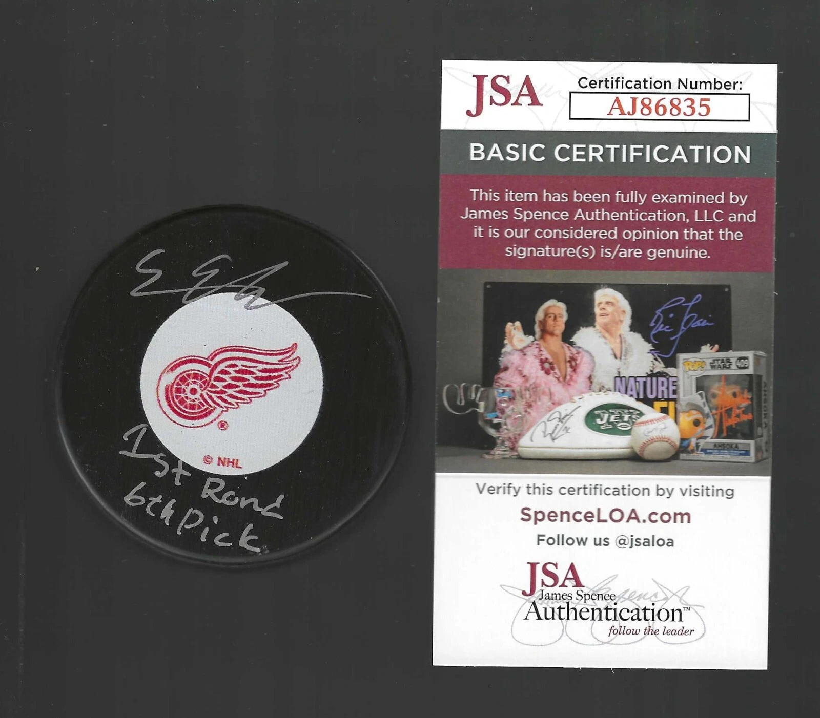 Simon Edvinsson Signed & Inscribed Detroit Red Wings Puck JSA COA
