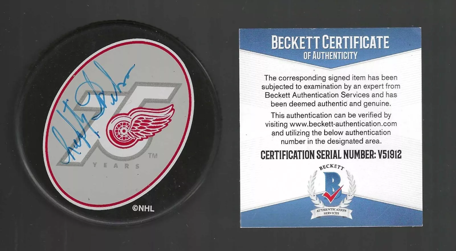 Lefty Wilson Signed Detroit Red Wings 75th Anniversary Puck Beckett COA
