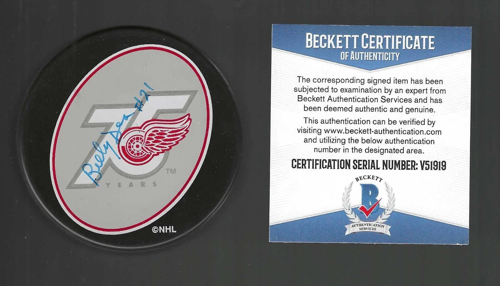Billy Dea Signed Detroit Red Wings 75th Anniversary Puck Beckett COA
