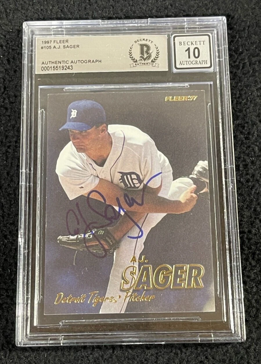 A.J. Sager Signed 1997 Fleer Card #105 BAS Certified Auto Grade 10 Tigers
