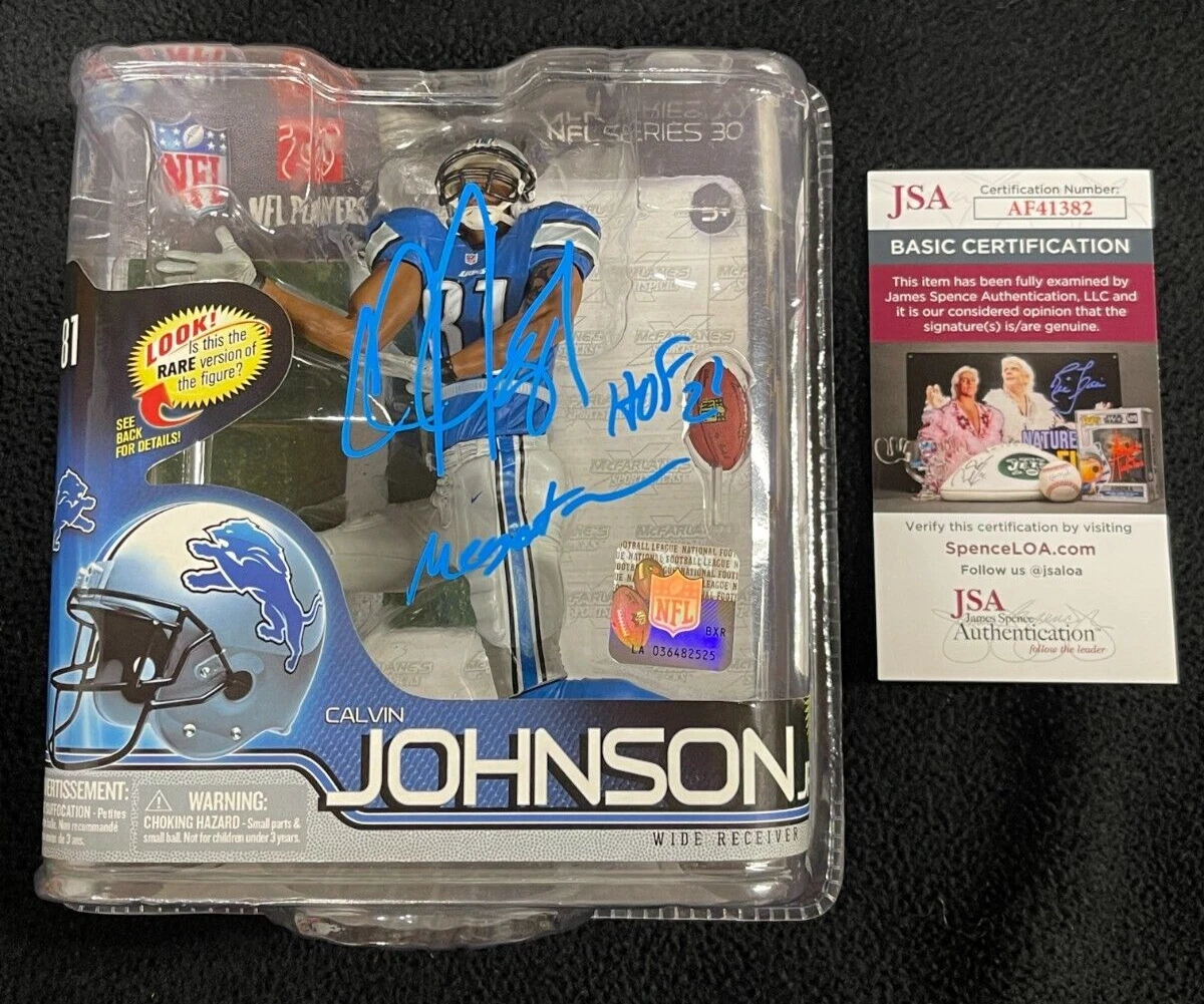 Calvin Johnson Signed & Inscribed Detroit Lions McFarlane Action Figure JSA COA
