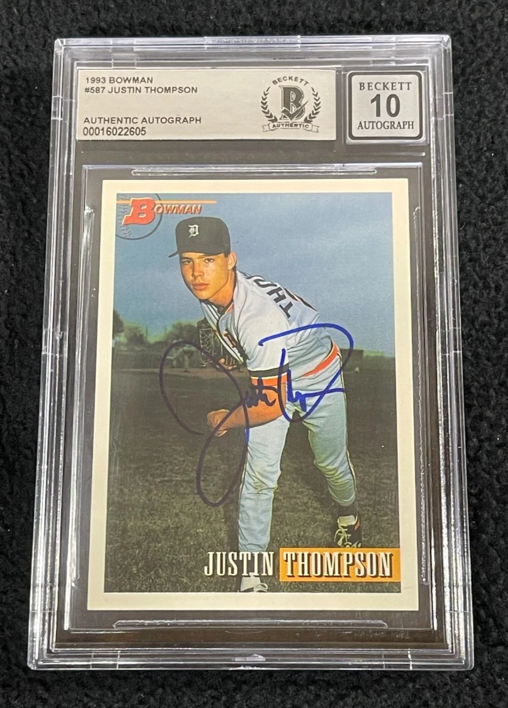 Justin Thompson Signed 1993 Bowman Card #587 BAS Certified Tigers Auto Grade 10
