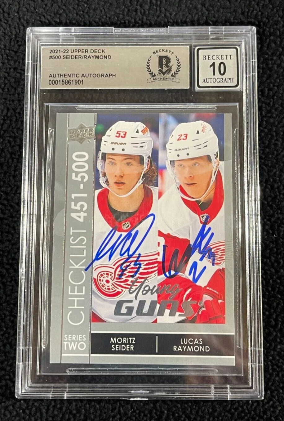 Moritz Seider & Lucas Raymond Signed 2021 Upper Deck YG Card #500 BAS Certified
