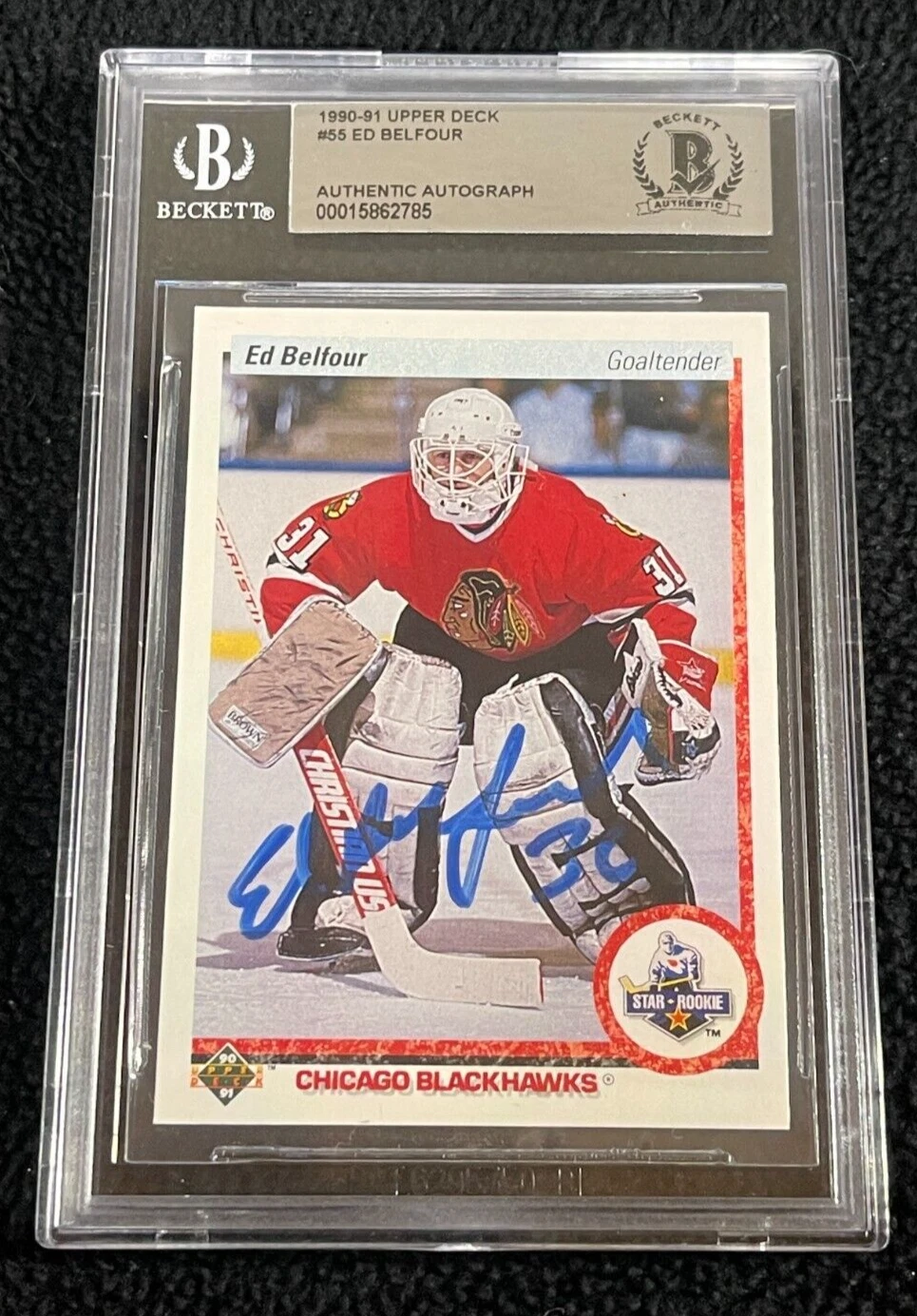 Ed Belfour Signed 1990/91 Upper Deck Rookie Card #55 BAS Certified Blackhawks
