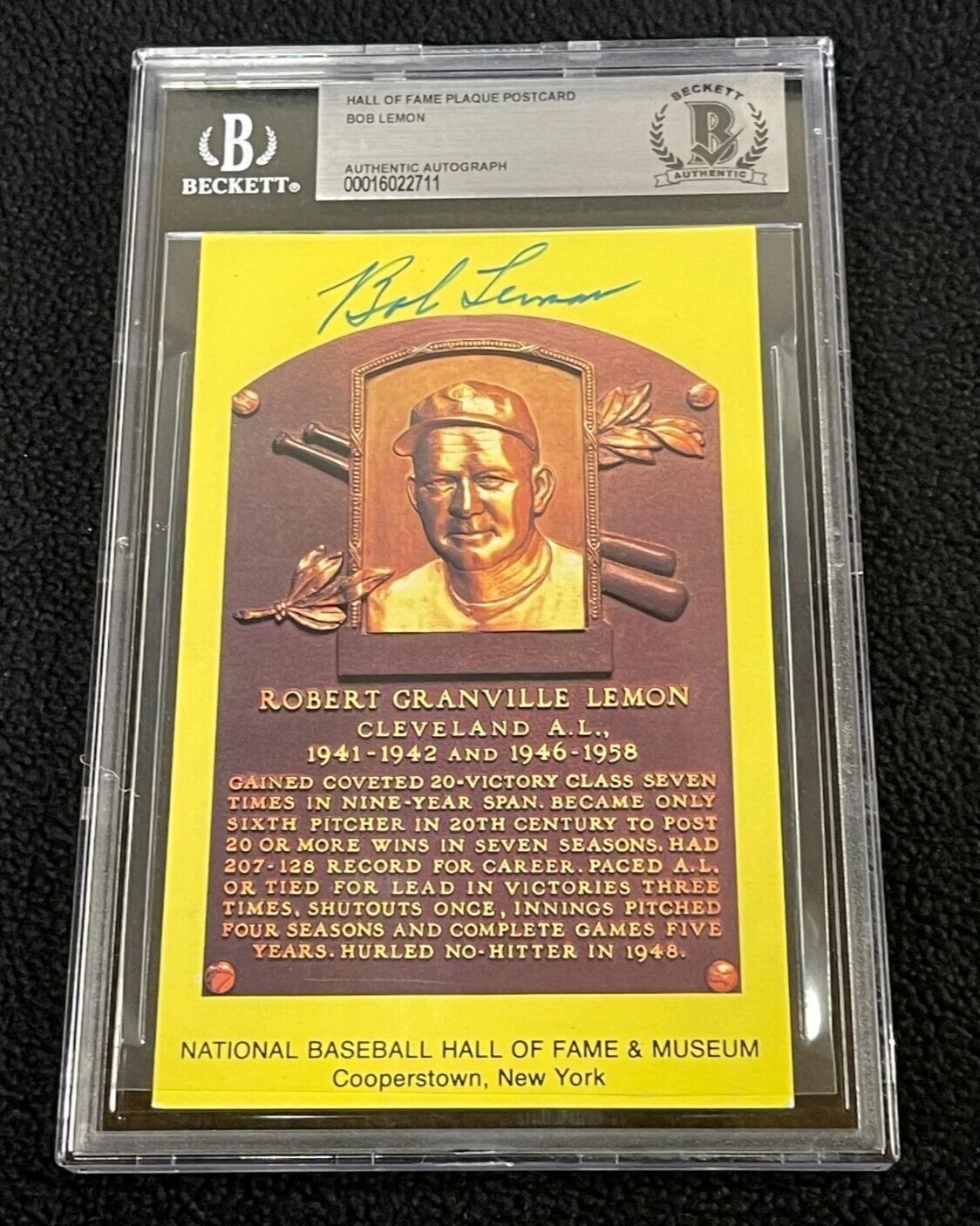 Bob Lemon Signed Yellow Hall Of Fame Plaque Card Beckett Certified HOF
