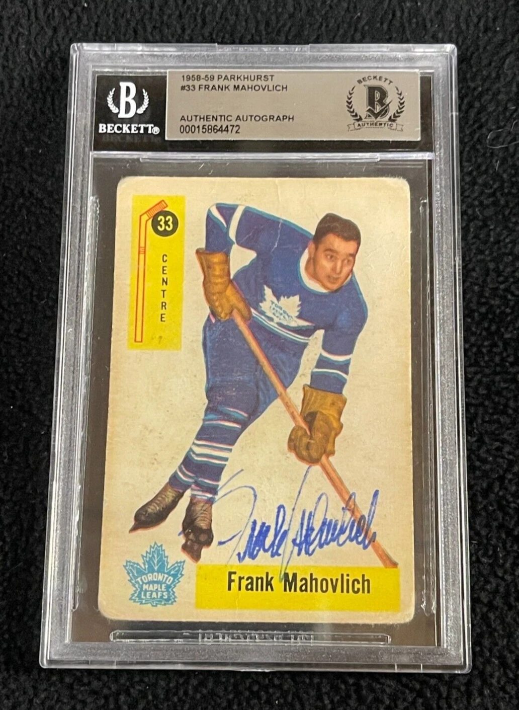 Frank Mahovlich Signed 1958/59 Parkhurst Card #33 Beckett Certified Maple Leafs
