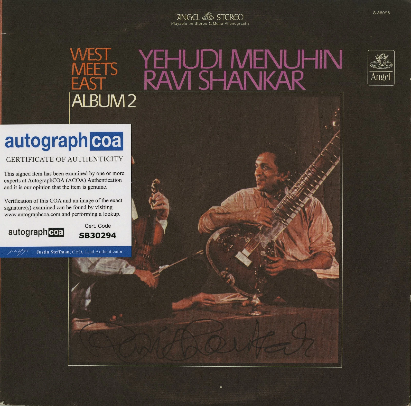 RAVI SHANKAR - WEST MEETS EAST - SIGNED VINYL RECORD (George Harrison) ACOA
