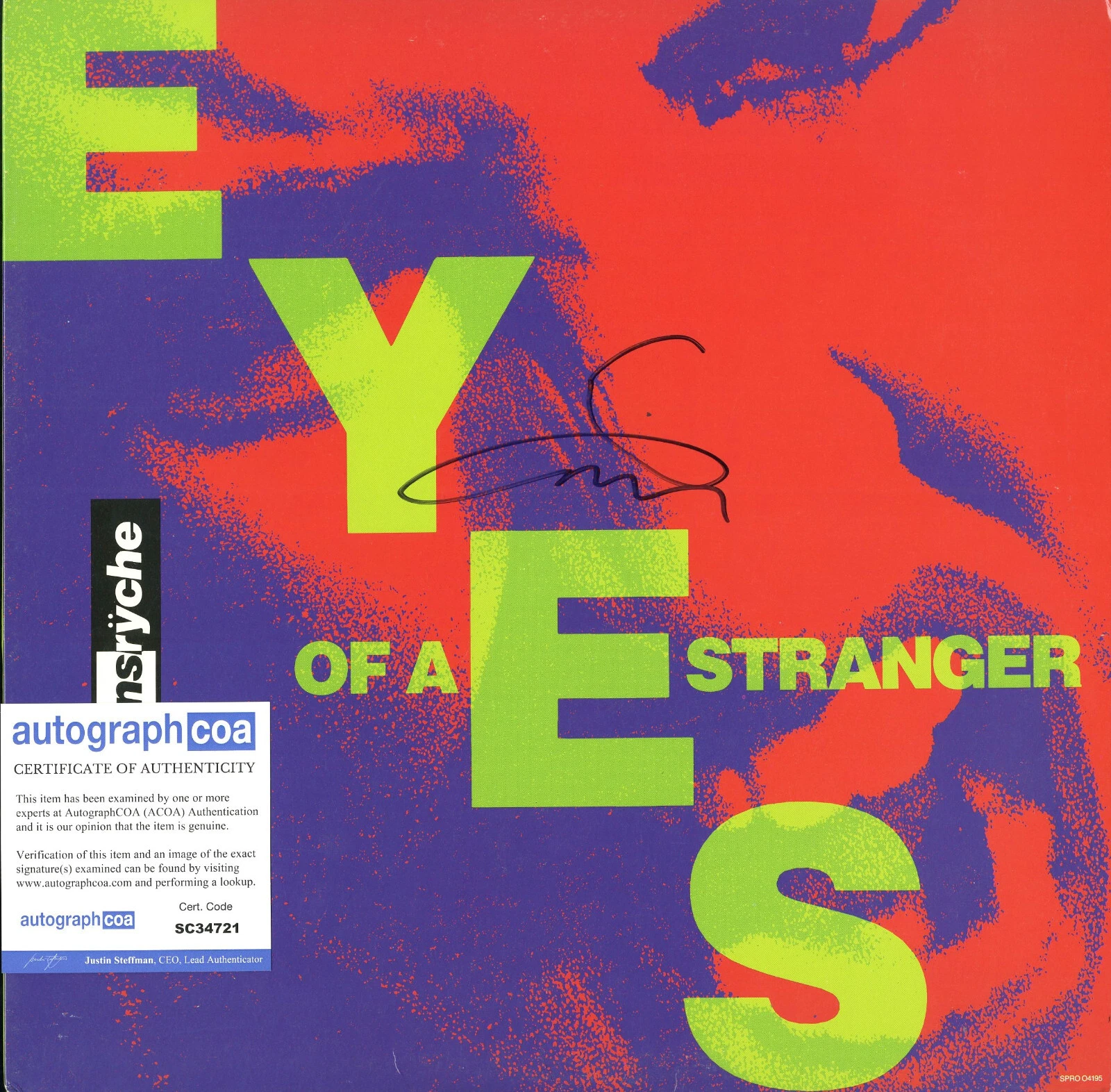 Geoff Tate SIGNED rare QUEENSRYCHE Vinyl Record. Eyes of a Stranger 12' single
