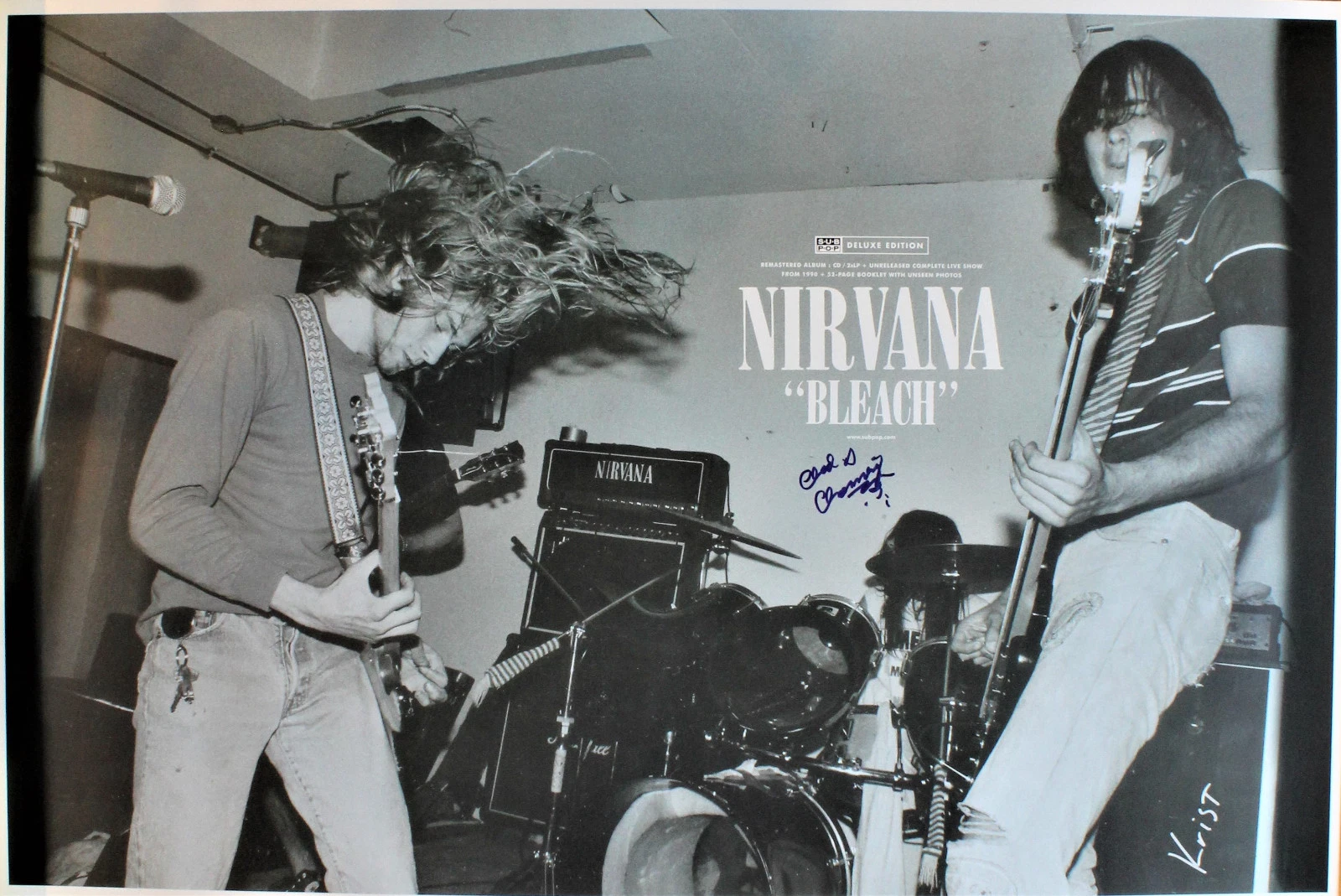 Nirvana BLEACH promo poster, Hand signed by Krist Novoselic & Chad Channing ACOA
