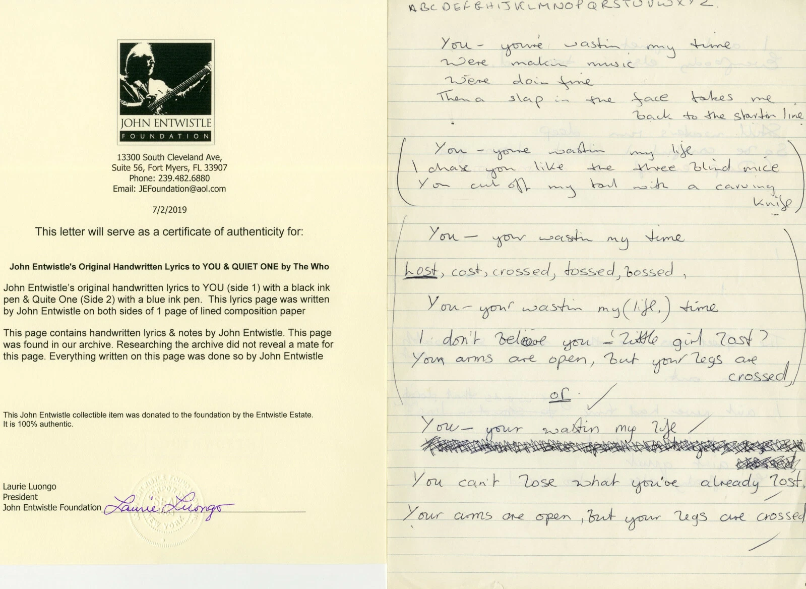 John Entwistle The Who hand written lyrics 