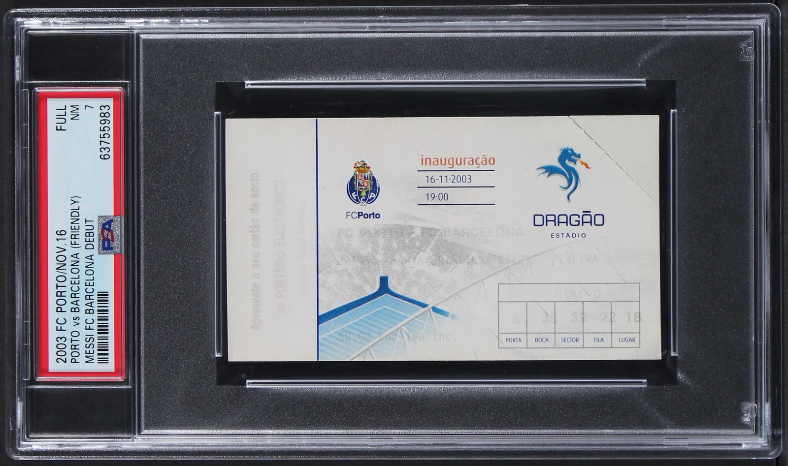 Barcelona Lionel Messi Club Debut Full Ticket Stub Graded NM 7! PSA/DNA Slabbed
