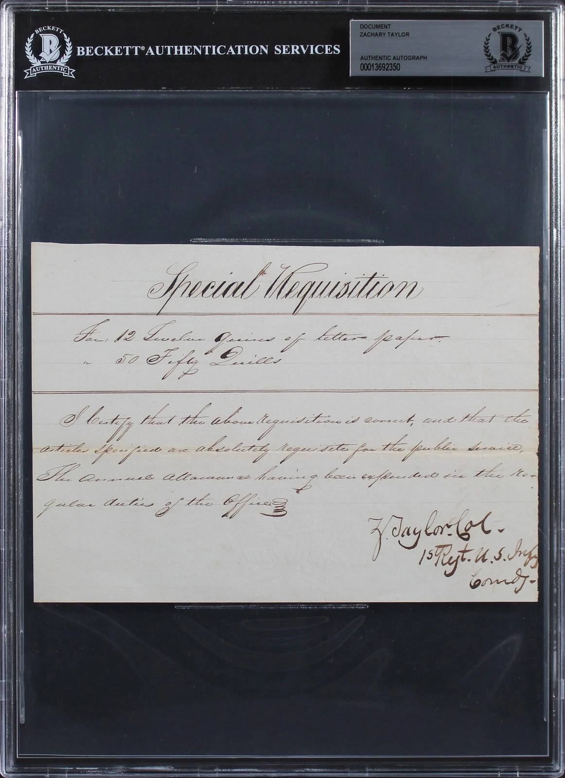 ZACHARY TAYLOR SIGNED 5.5×7.85 1833 SPECIAL REQUISITION DOCUMENT BAS SLABBED COLLECTIBLE MEMORABILIA