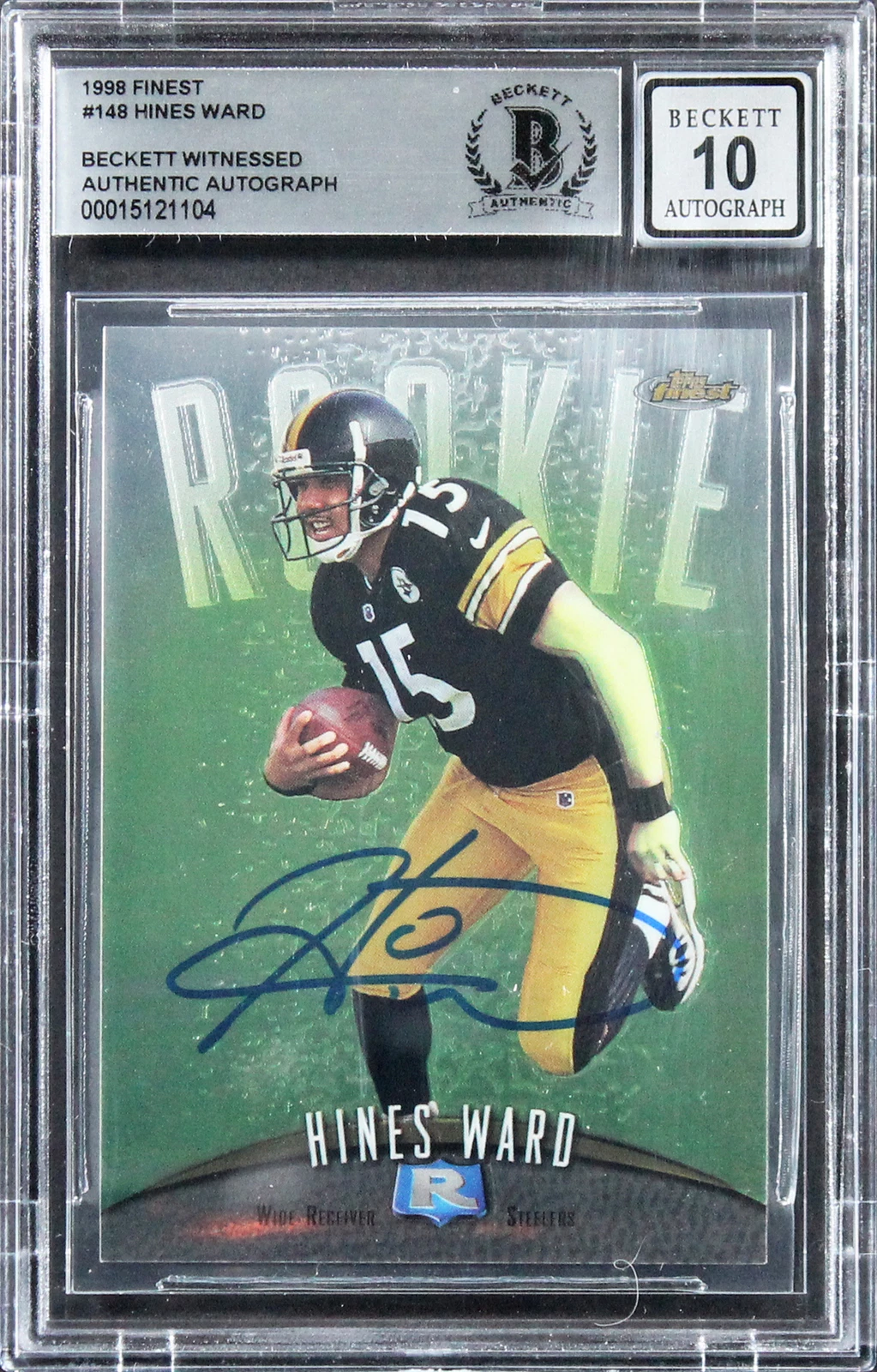 Steelers Hines Ward Signed 1998 FInest #148 Rookie Card Auto 10! BAS Slabbed
