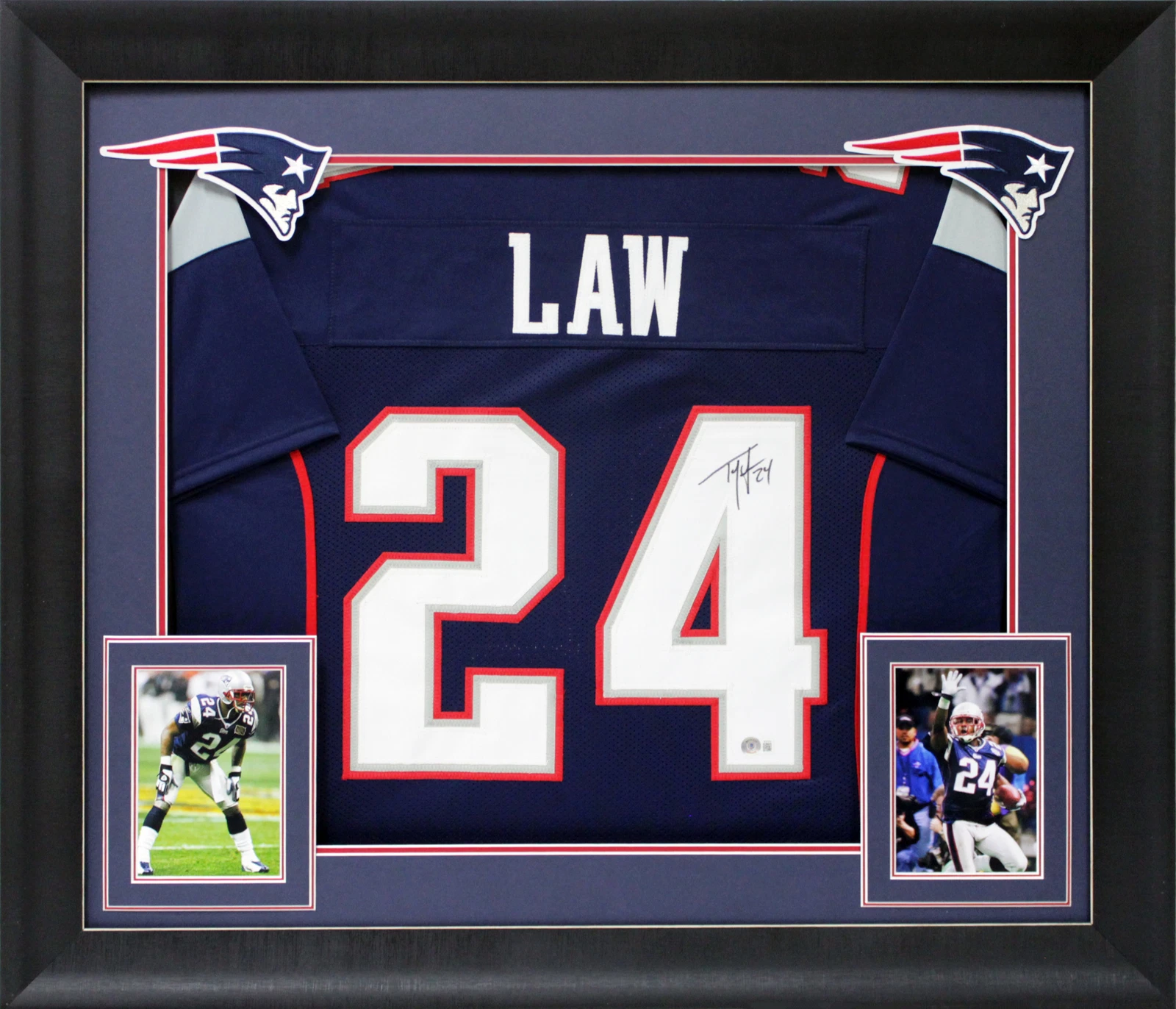 Ty Law Authentic Signed Navy Blue Pro Style Framed Jersey BAS Witnessed

