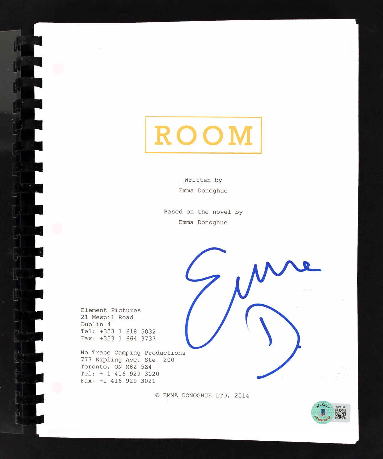 Emma Donoghue Room Authentic Signed Movie Script Autographed BAS #BK02199
